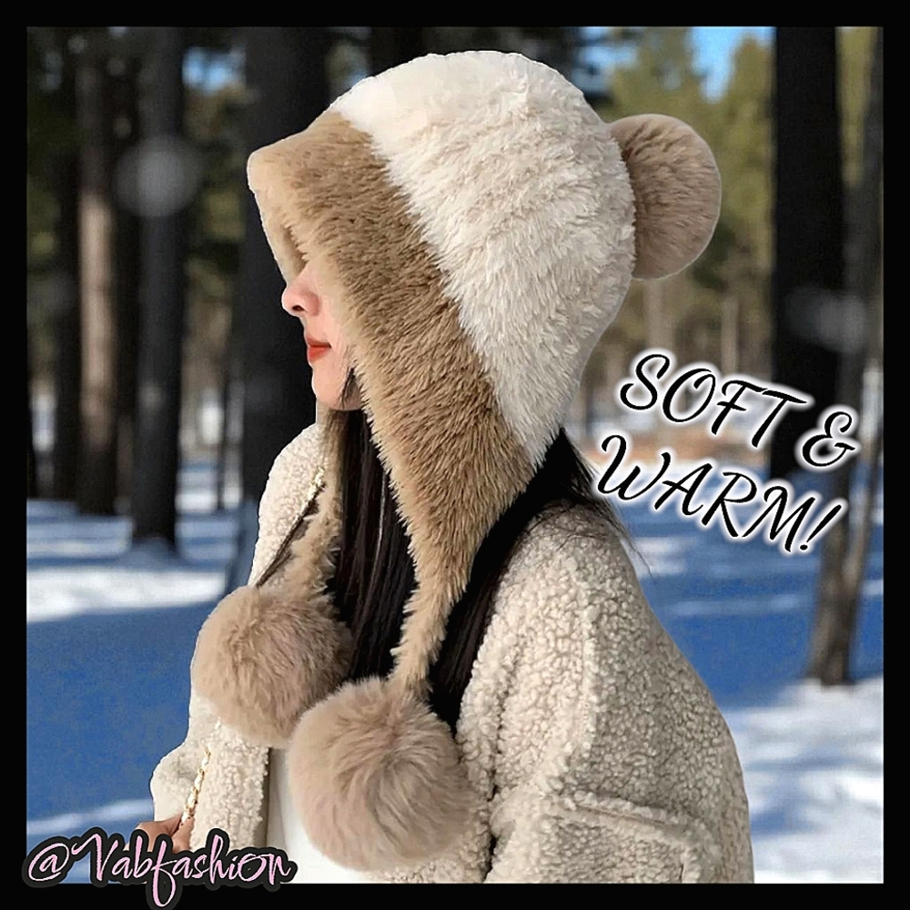 Cozy & Chic Two-Tone White Faux Fur Pom Pom Trapper Hat -Winter Warmth & Style!
